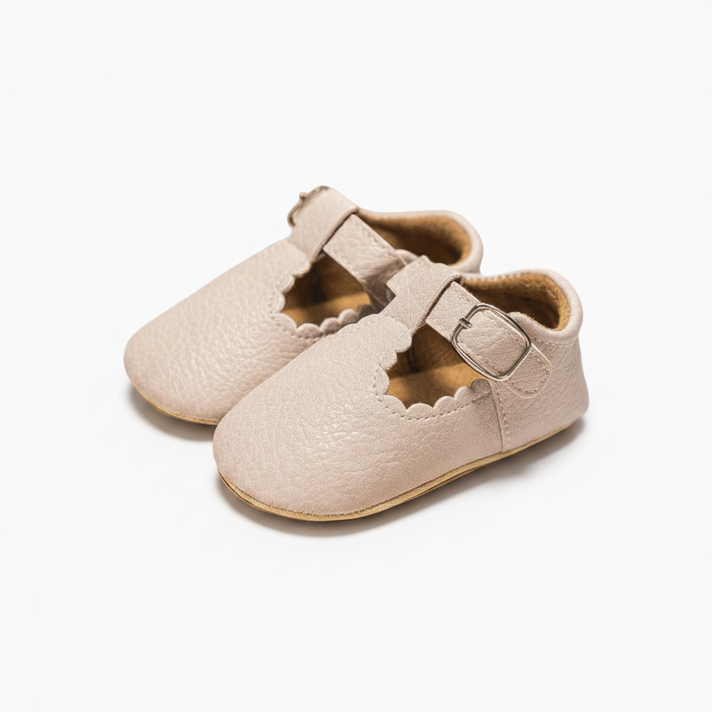 Mocassin bébé orthopédique beige en cuir PU, idéal pour les premiers pas et le confort des tout-petits.