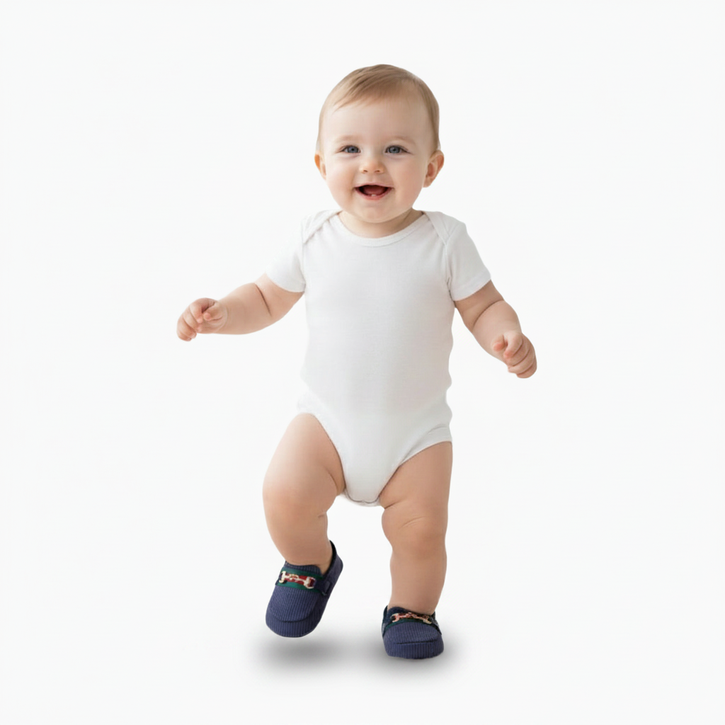 Vue détaillée de la semelle souple d'un mocassin bébé en velours bleu marine, conçue pour le confort.