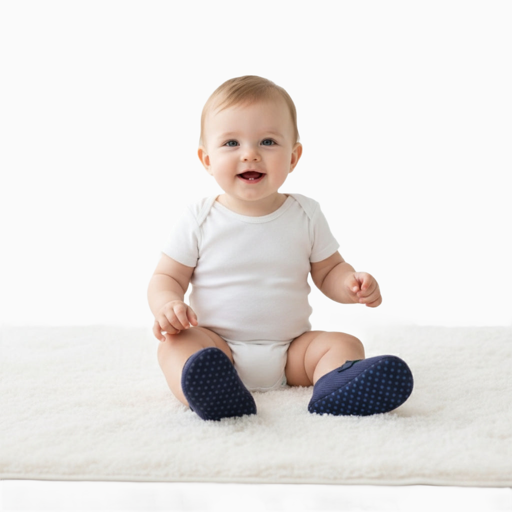 Un bébé debout, portant des mocassins en velours bleu marine, offrant stabilité et style.