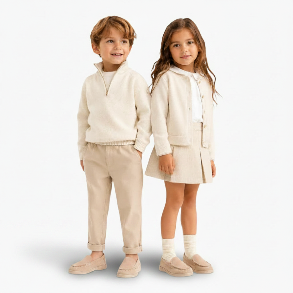 Vue aérienne des mocassins beiges de fillette, mettant en avant leur forme classique et versatile.