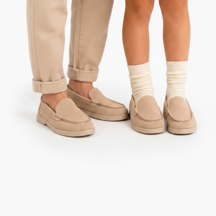 Fillette marchant avec légèreté en mocassins beiges, symbolisant la liberté de mouvement assurée.