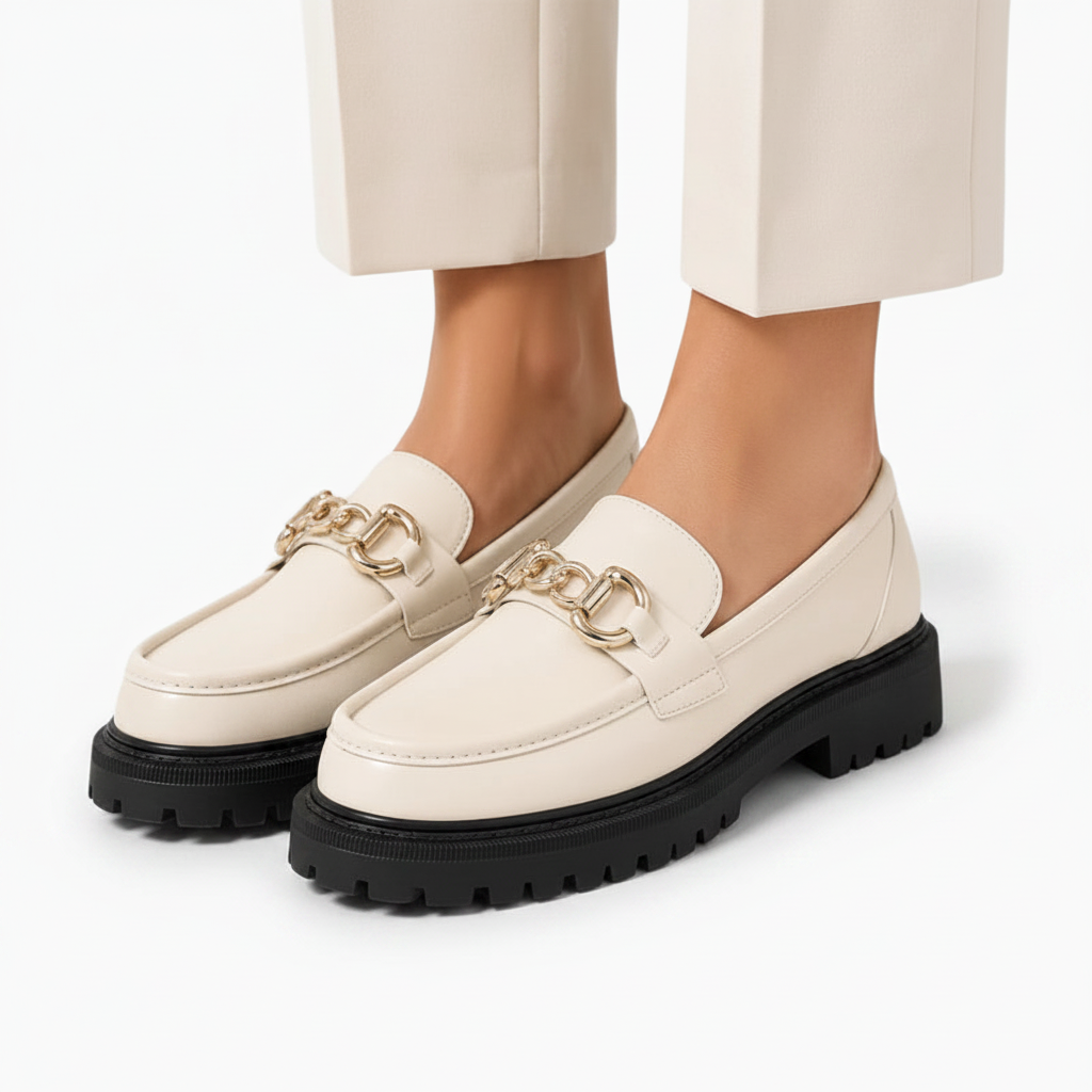 Femme marchant avec des mocassins blancs plateforme, assortis à une robe légère pour un contraste saisissant.