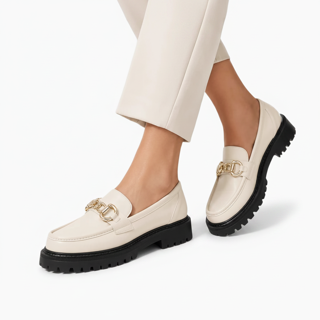 Vue latérale du mocassin blanc, accentuant la plateforme légère qui élève la silhouette avec grâce.