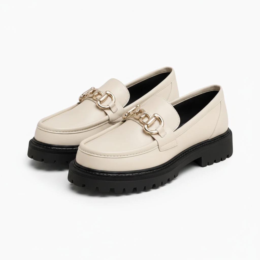 Dessus du mocassin blanc révélant son style intemporel et la propreté de ses lignes épurées.