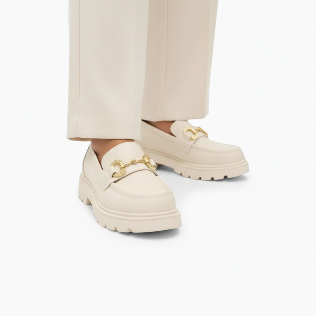 Mocassin femme blanc en cuir avec surpiqûres délicates et chaînette brillante.