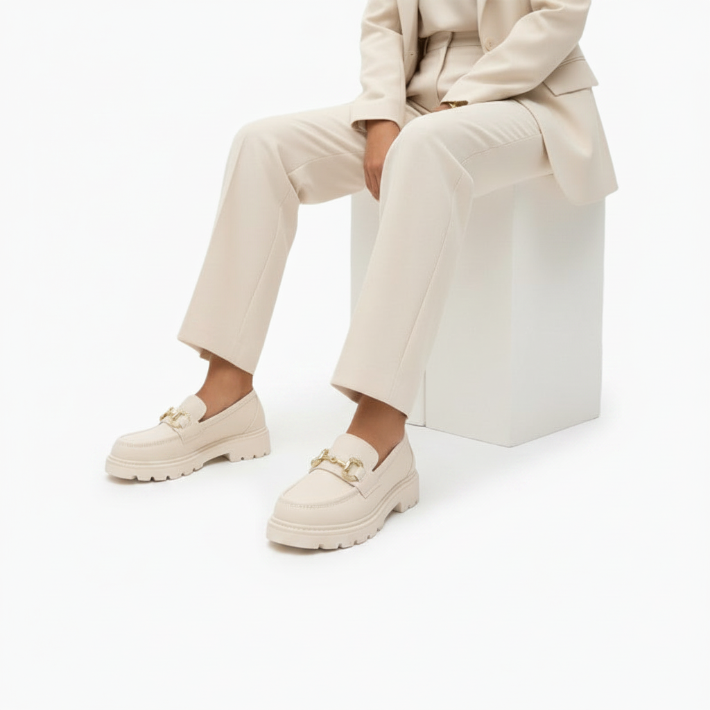 Pied d'une femme chaussé du mocassin blanc en cuir, associé à un pantalon élégant de bureau.
