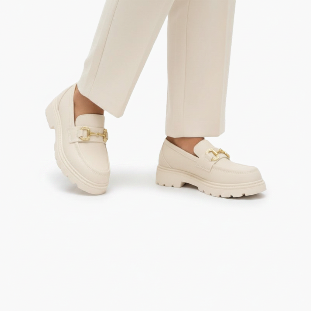 Texture du cuir blanc premium du mocassin, révélant la qualité et la finesse du matériau.