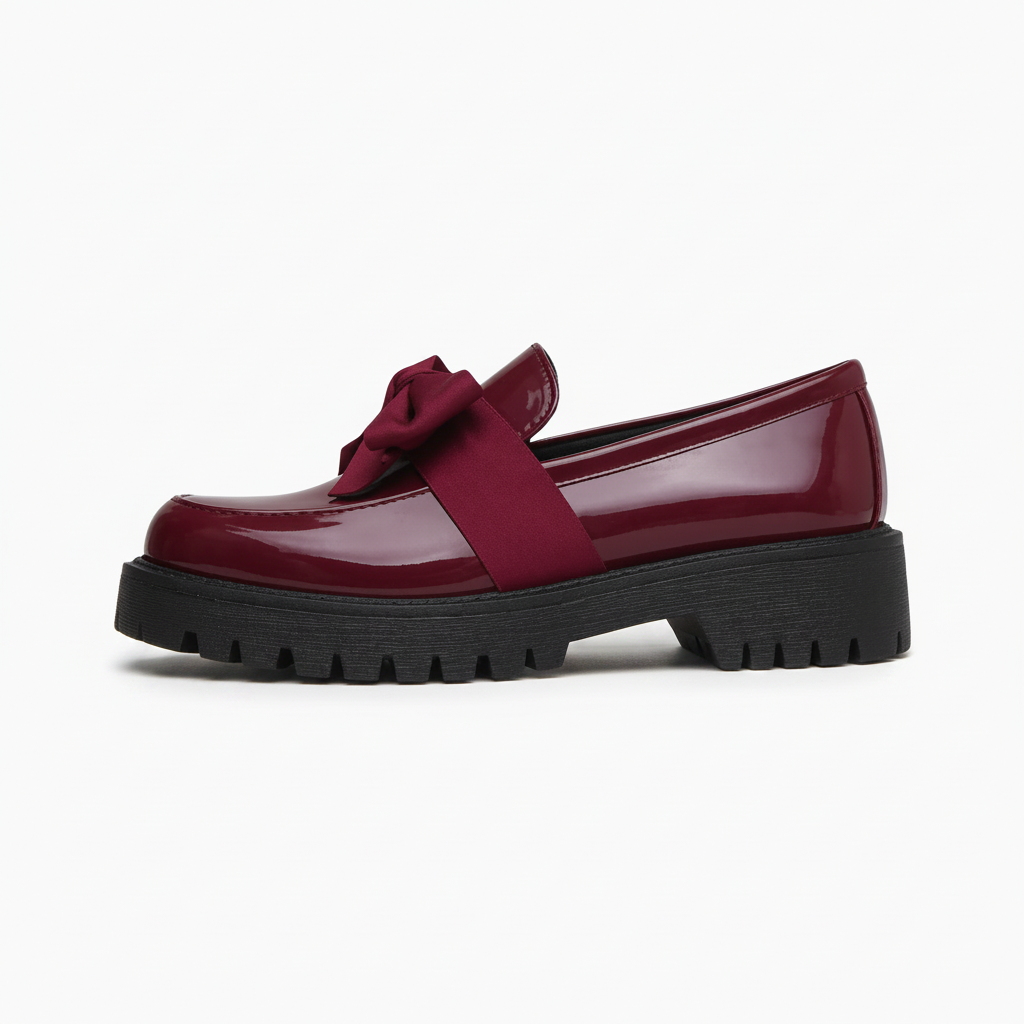 Texture brillante du cuir verni bordeaux d'un mocassin femme, captant la lumière avec sophistication.