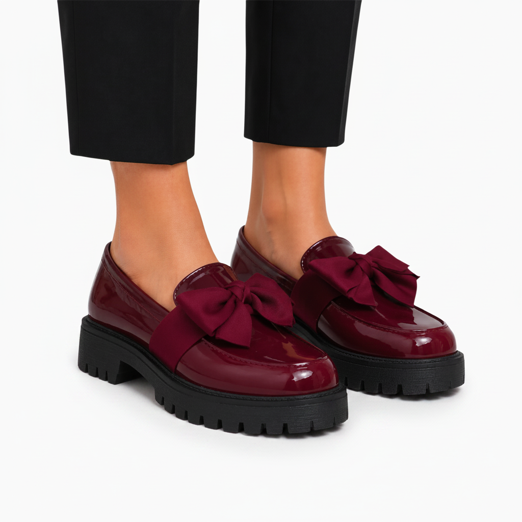Nœud papillon rétro-chic ornant l'empeigne d'un mocassin compensé bordeaux, signe de distinction.