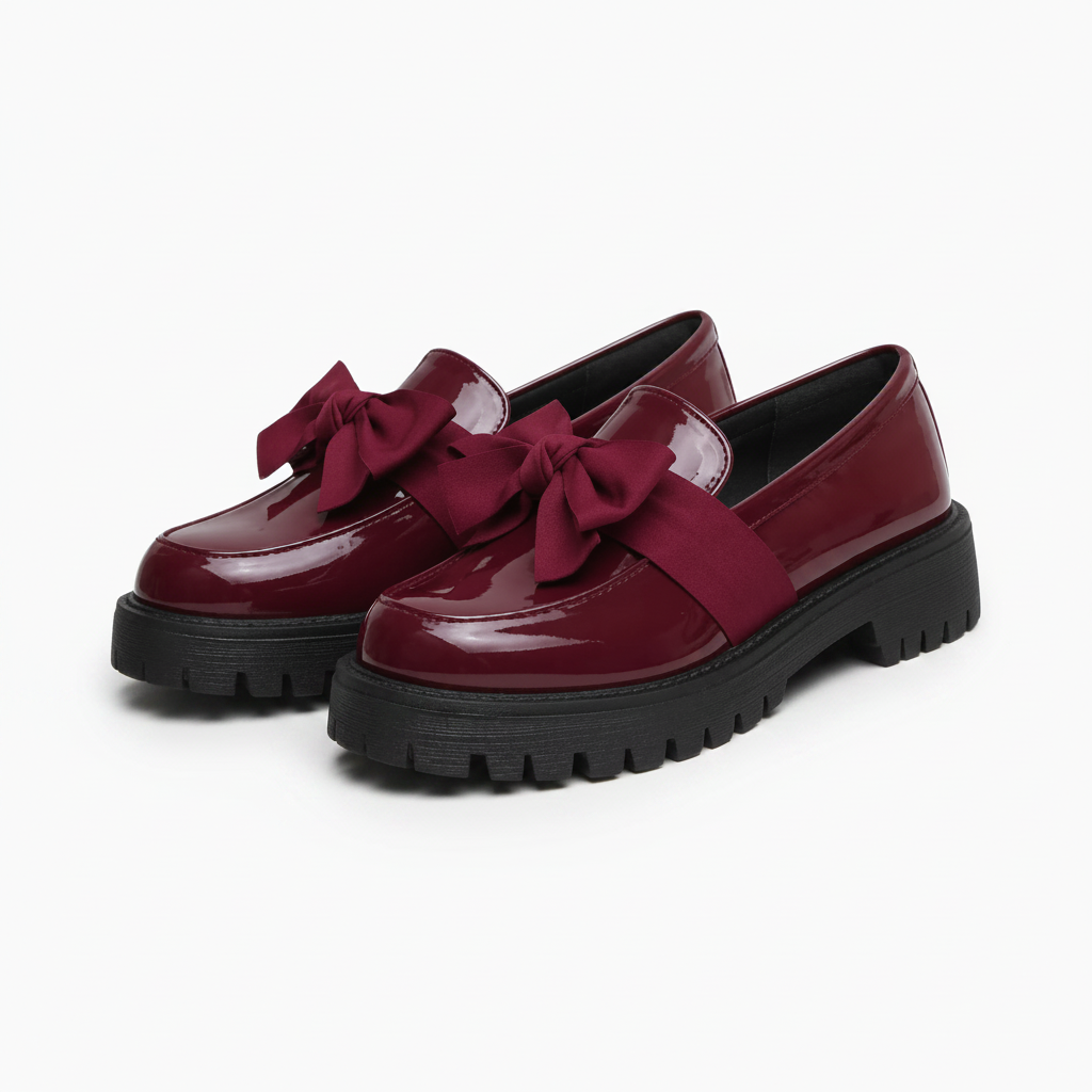 Mocassin compensé bordeaux vernis, porté avec un pantalon élégant, soulignant une allure raffinée et dynamique.