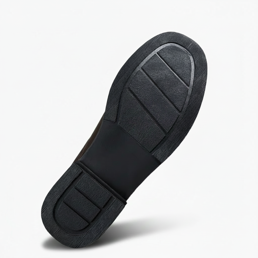 Mocassin compensé en cuir noir porté avec un pantalon chic, idéal pour un rendez-vous pro.