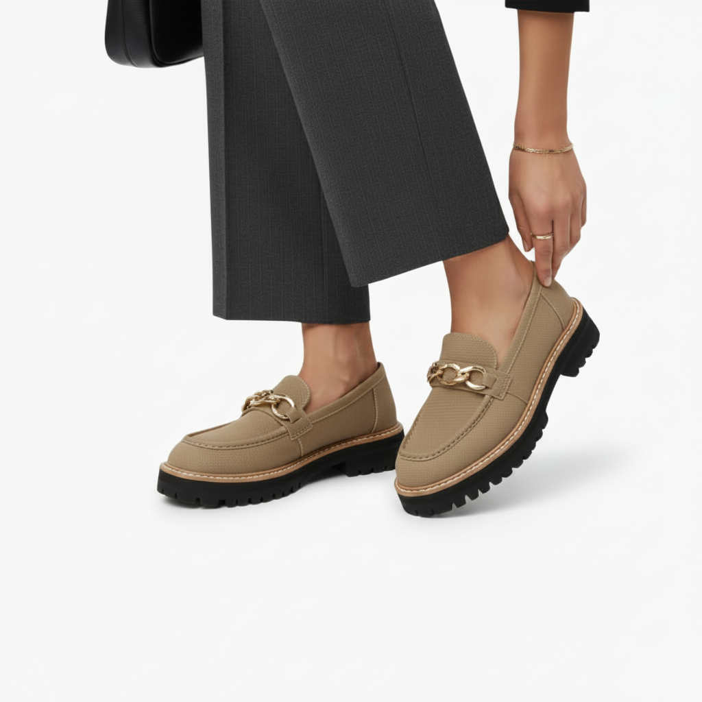 Mocassins en daim couleur camel avec talon compensé, portés par une femme pour une allure décontractée chic.