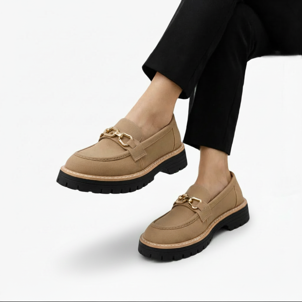 Chaussure mocassin femme en daim camel avec chaînette, assortie à un pantalon clair pour un look printanier.