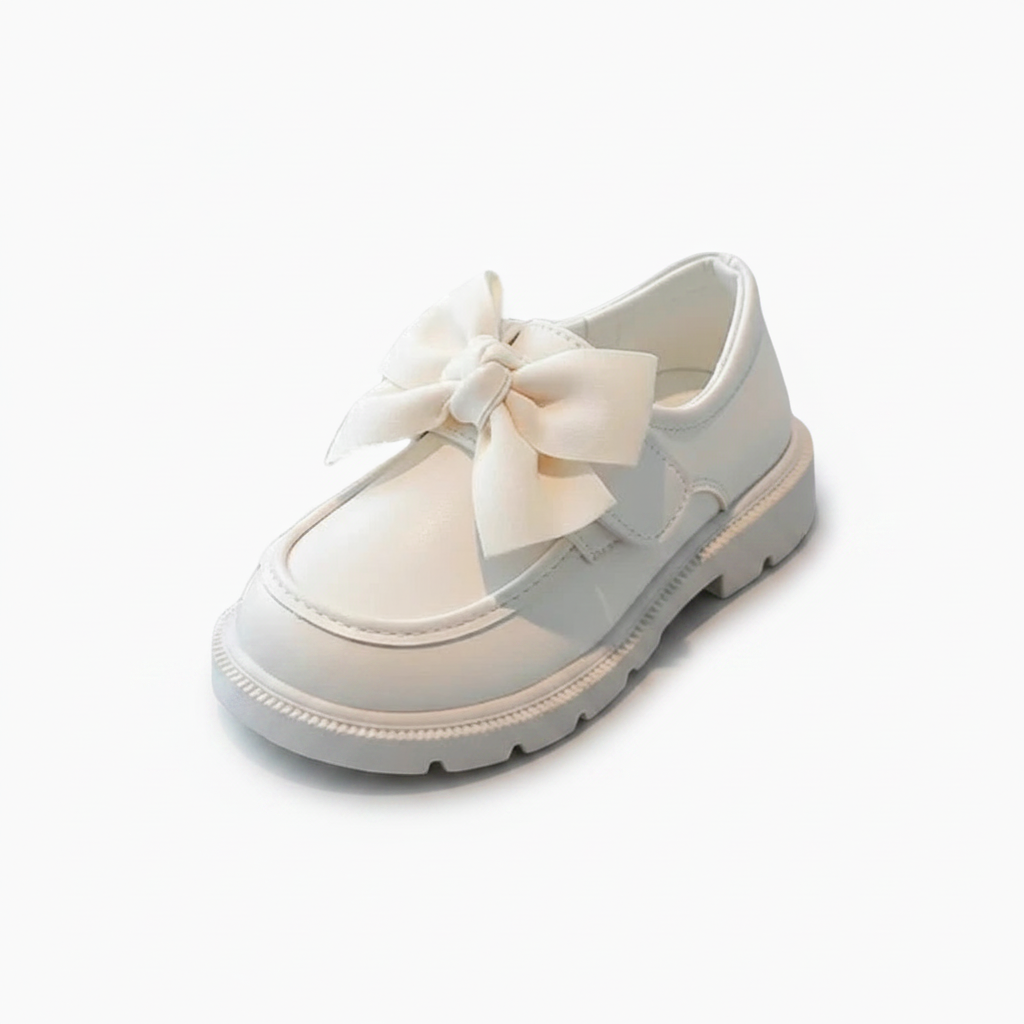 Mocassin compensé blanc pour fillette en cuir premium, orné d'un élégant nœud papillon sur le devant.