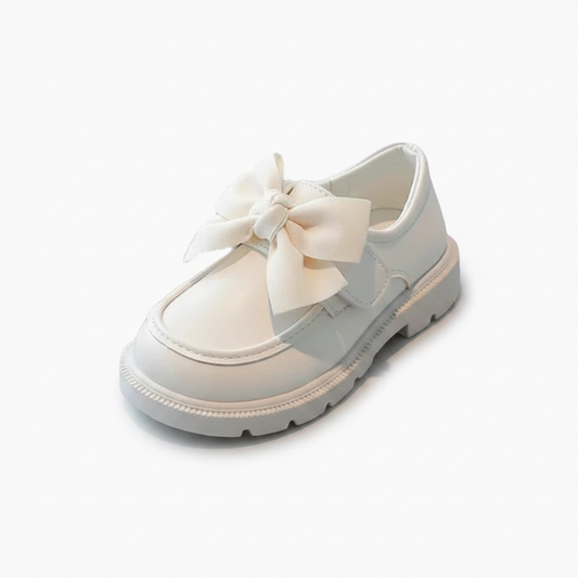 Mocassin compensé blanc pour fillette en cuir premium, orné d'un élégant nœud papillon sur le devant.