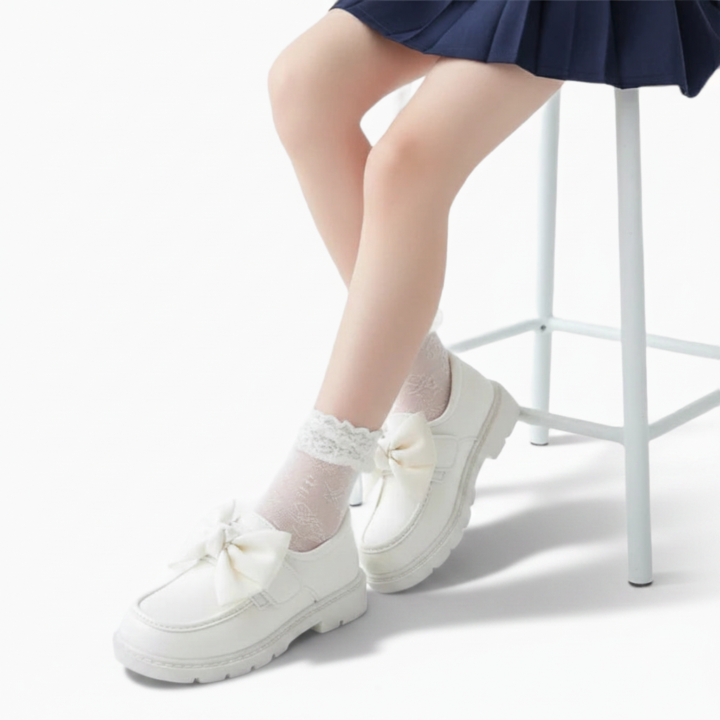Texture du cuir blanc souple et imperméable, détaillant la qualité premium du mocassin fillette.