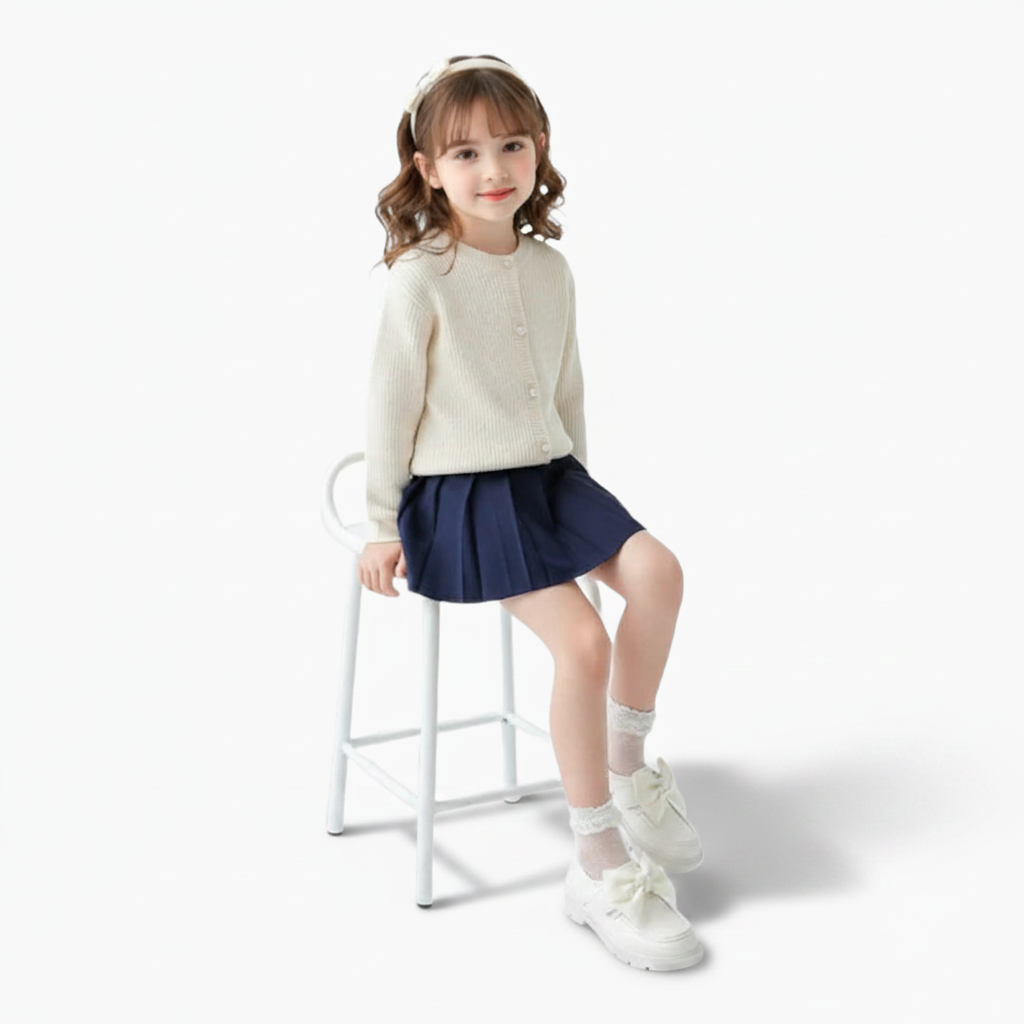 Fillette élégante portant les mocassins compensés blancs, apportant une touche lumineuse à sa tenue.