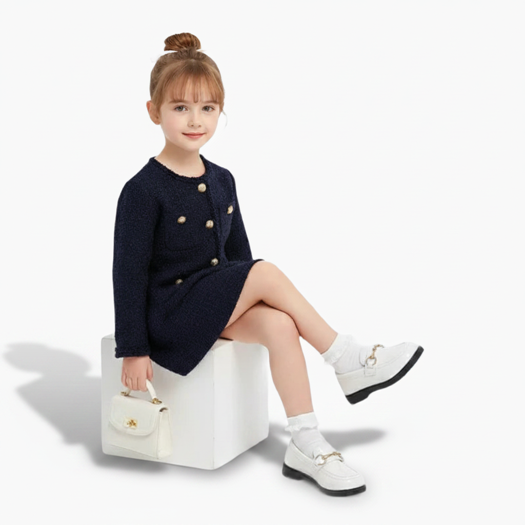 Détail du mors métallique distinctif ornant l'empeigne du mocassin compensé pour enfant.