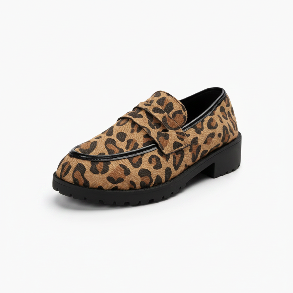 Mocassins compensés léopard pour femme, élégants et confortables, présentés de profil.