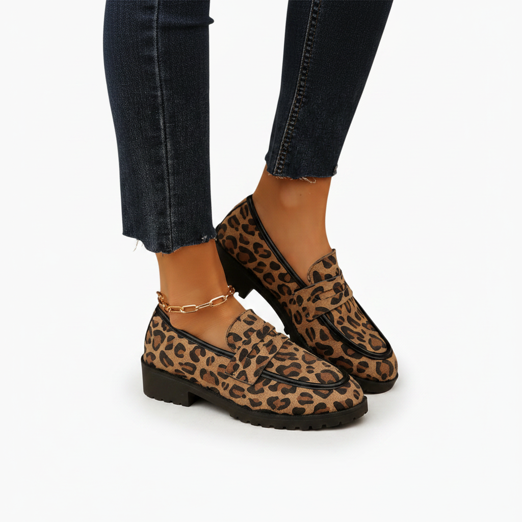 Vue latérale des mocassins compensés, mettant en valeur la hauteur du talon et la semelle stable.