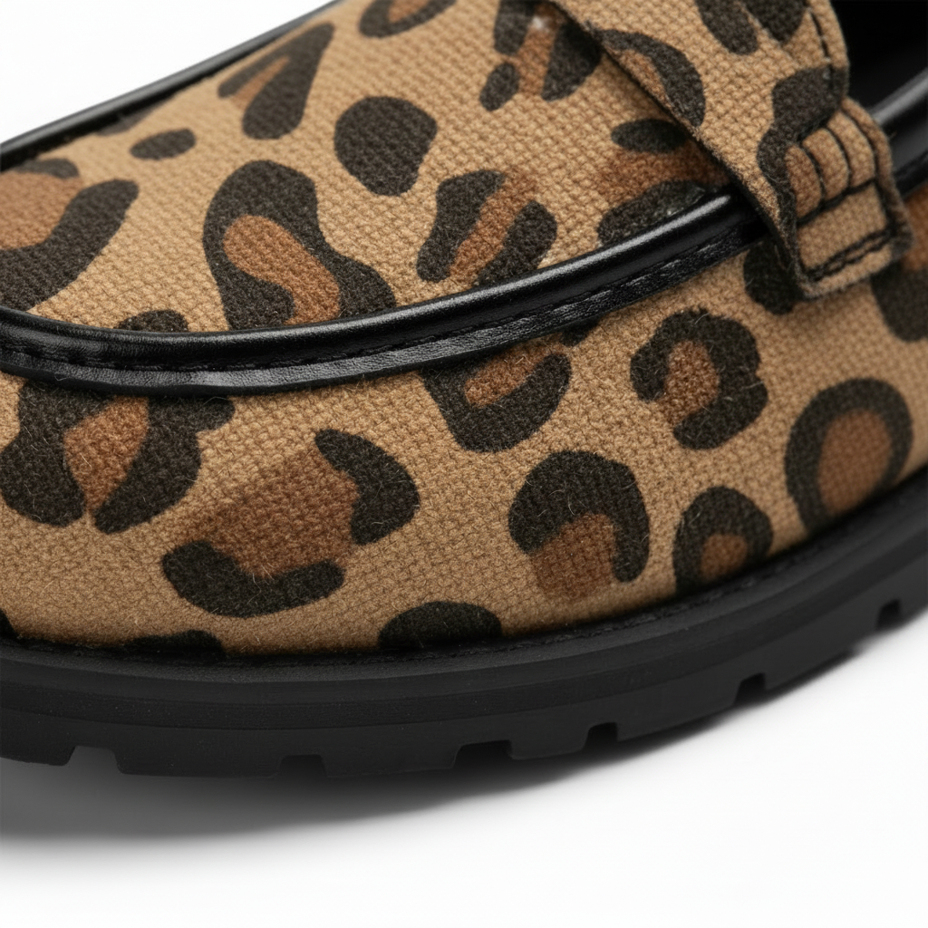 Vue de dessus des mocassins compensés imprimé léopard, soulignant leur design chic et raffiné.