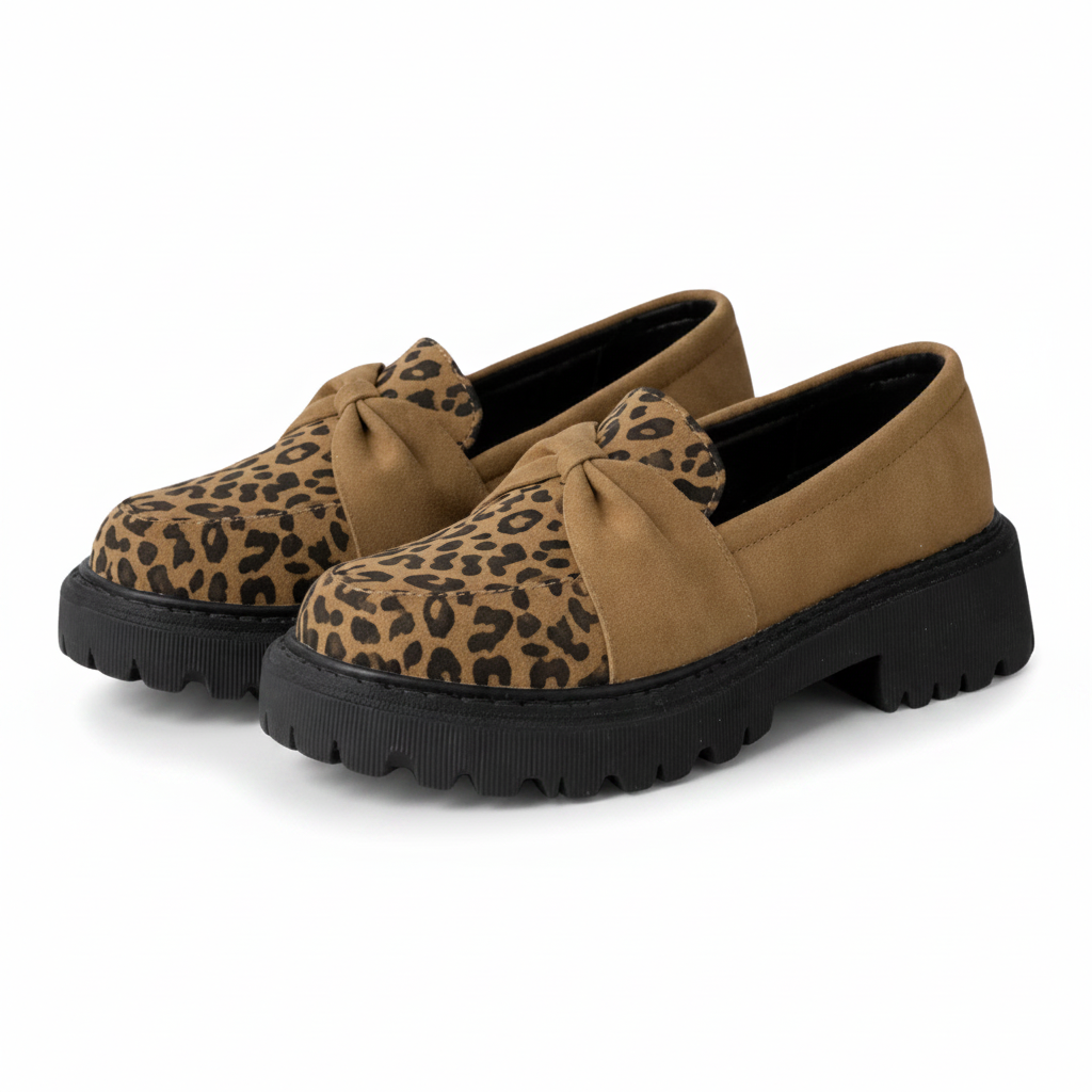 Femme marchant avec élégance, portant des mocassins compensés léopard et une tenue de ville chic.