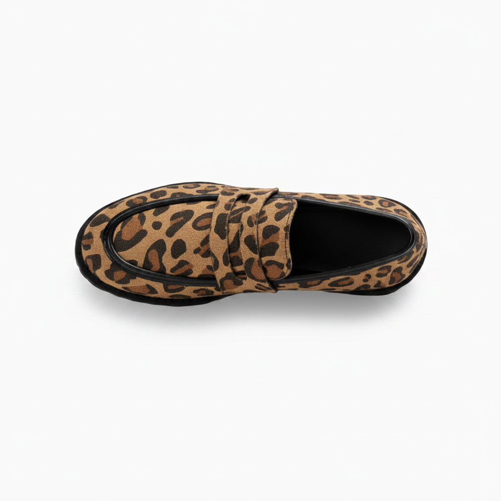 Détail de la matière douce et du motif sauvage des mocassins compensés léopard pour femme.