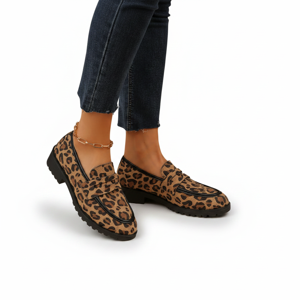 Mocassins compensés léopard associés à une tenue décontractée chic, mettant en valeur le style affirmé.