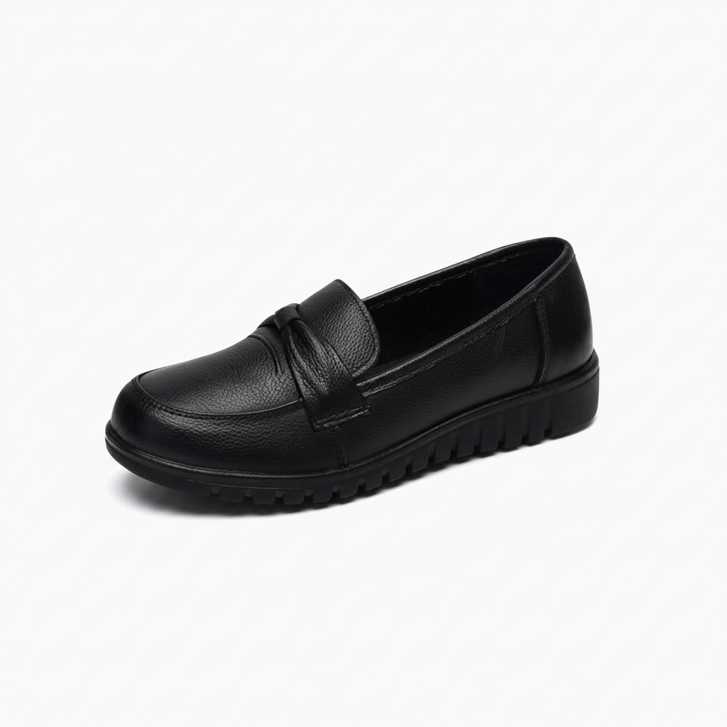 Mocassin compensé noir pour femme, affichant un design classique avec bandeau sur le cou-de-pied, parfait pour l'élégance quo