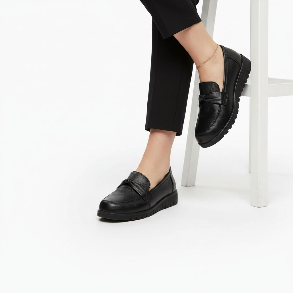 Mocassin compensé noir porté avec un pantalon de tailleur, illustrant son intégration élégante dans une tenue professionnelle