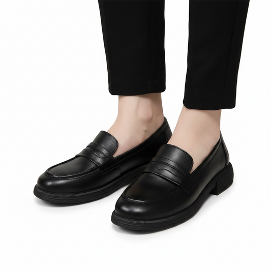Mocassin féminin en cuir verni noir, porté avec un pantalon de costume, parfait pour le bureau.
