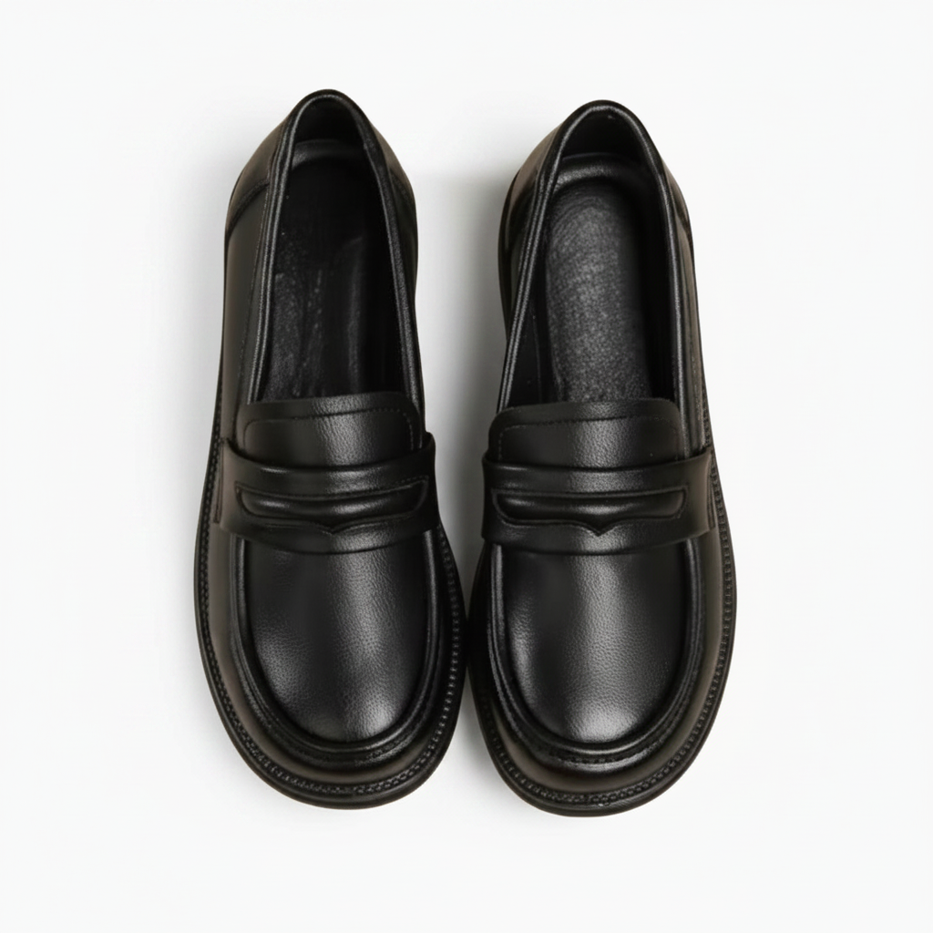 Gros plan sur le talon carré et bas du mocassin en cuir verni noir, synonyme de stabilité et chic.