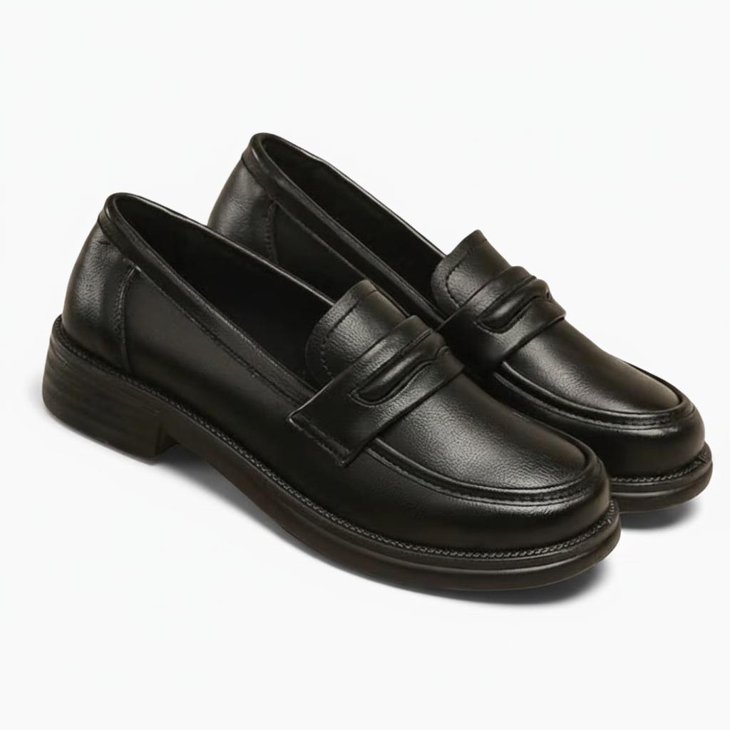 Mocassin en cuir verni noir au pied d'une femme, alliant confort et allure distinguée pour une sortie.