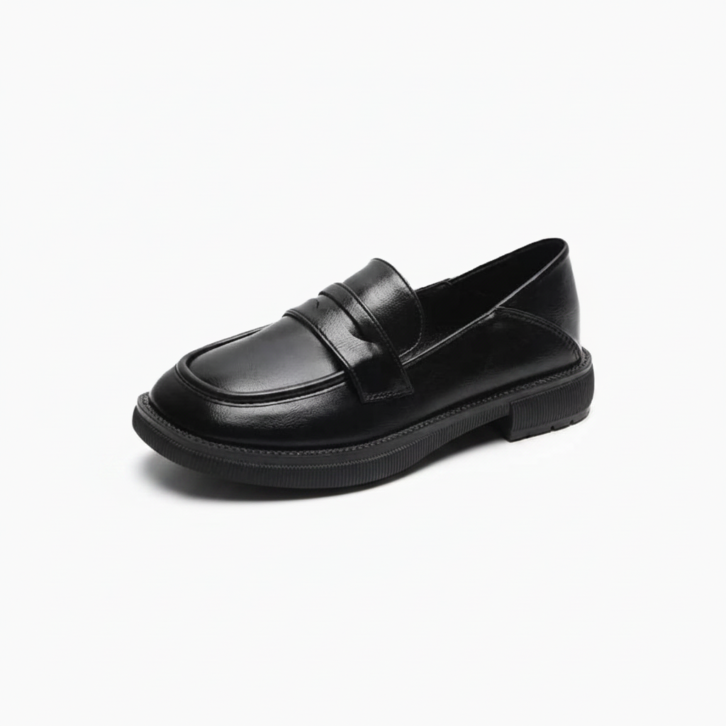 Mocassin femme en cuir vernis noir, silhouette élégante avec talon, parfait pour une allure sophistiquée.