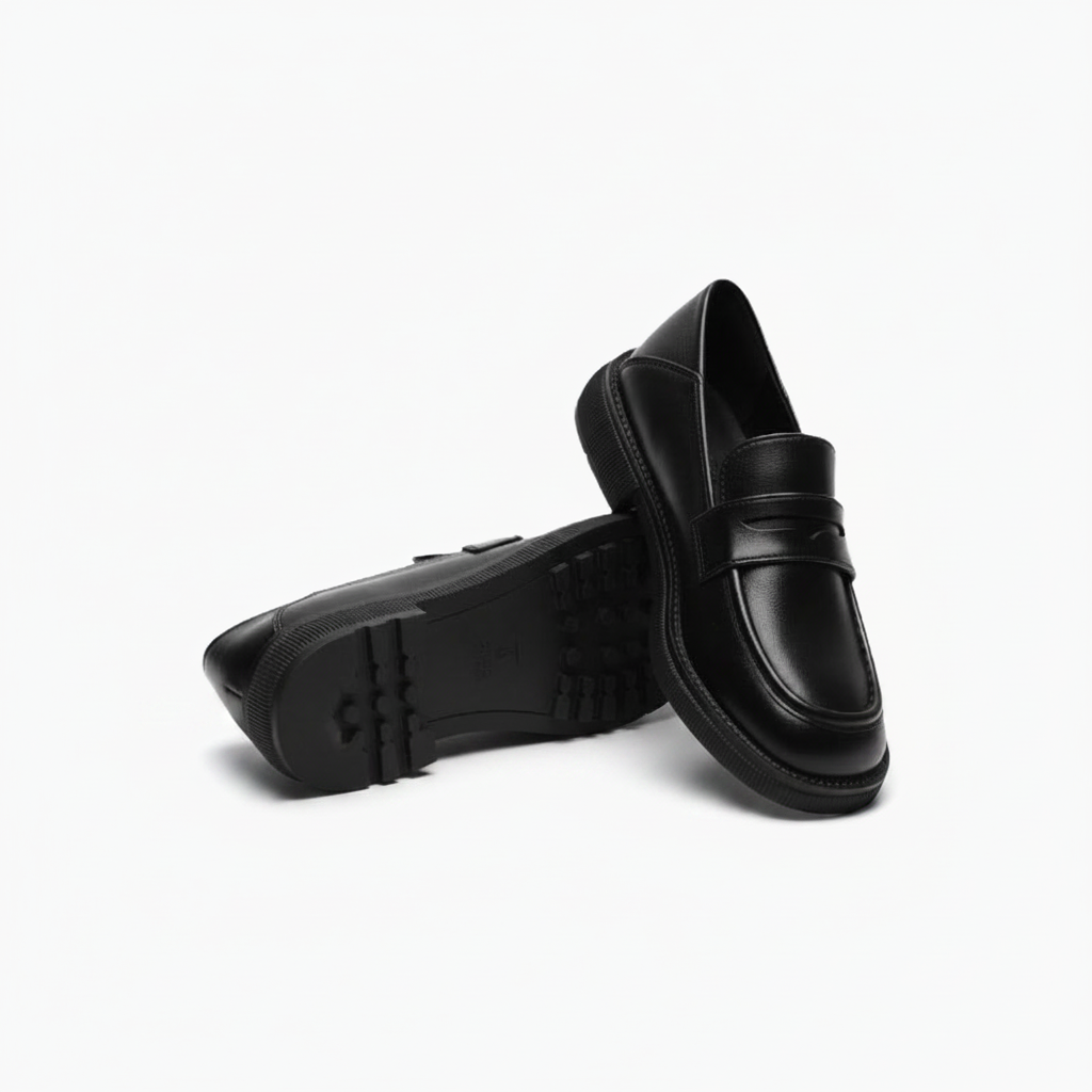 Vue plongeante sur les mocassins à talon noirs, accentuant leur finition impeccable et leur élégance discrète.