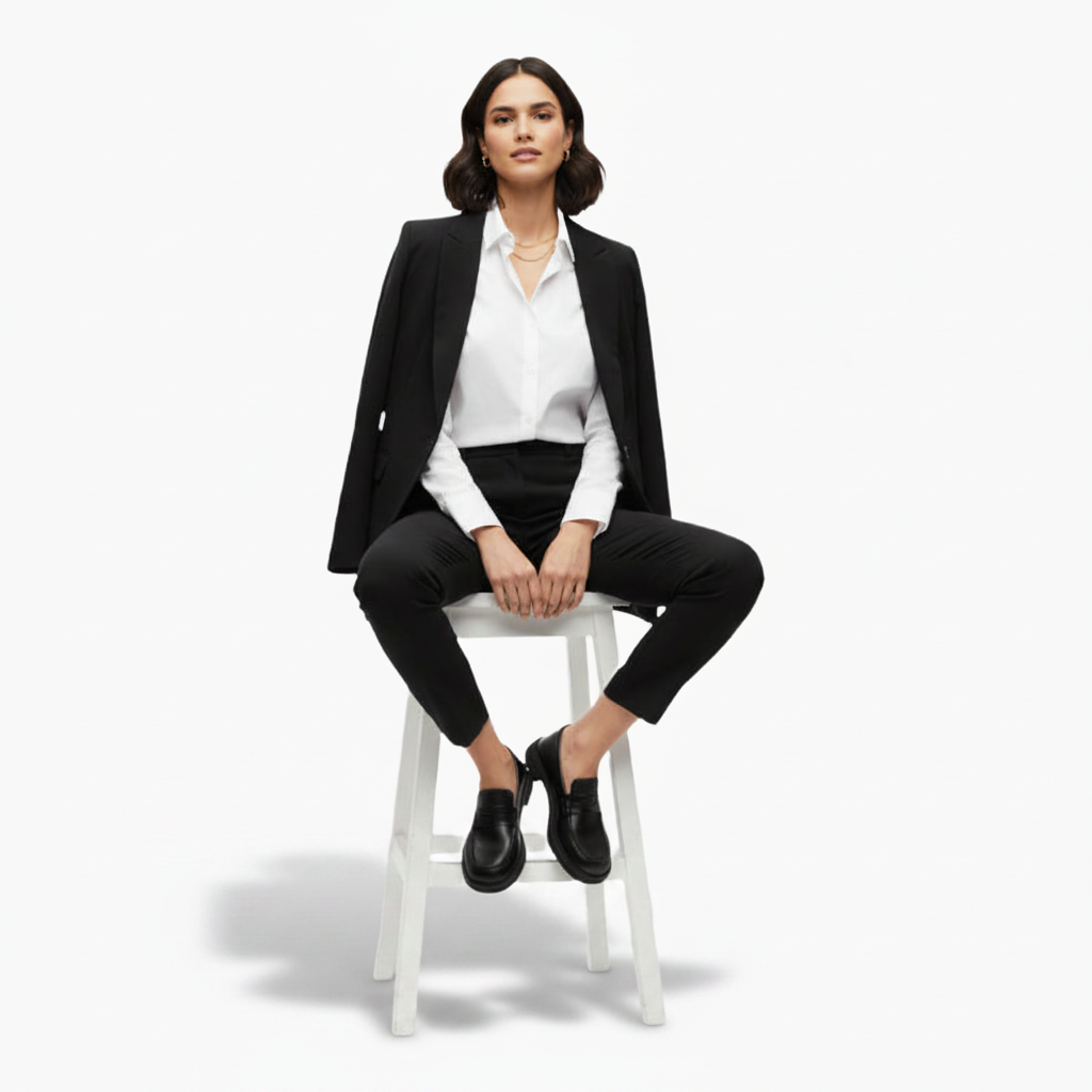 Femme en mouvement, portant des mocassins à talon noir vernis, dégageant assurance et élégance.