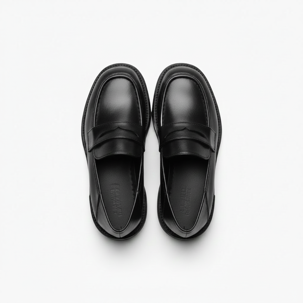 Mocassin cuir vernis noir aux pieds d'une femme assise, montrant son confort et son style polyvalent.