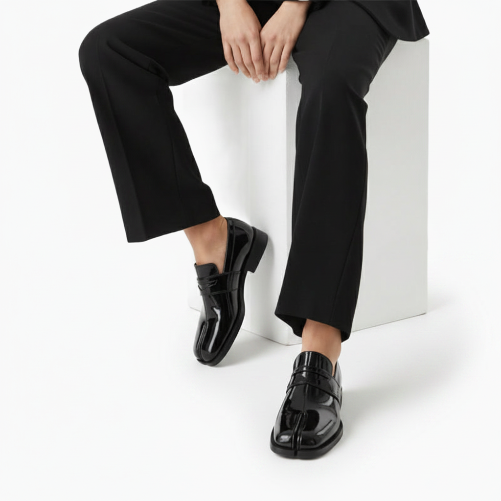 Gros plan sur le lustre miroir du cuir vernis noir du mocassin, capturant sa brillance distinctive.