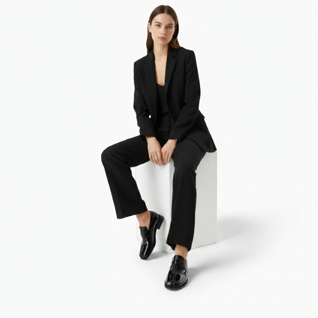 Mocassins vernis noirs portés avec un pantalon de tailleur, idéaux pour un look professionnel chic.