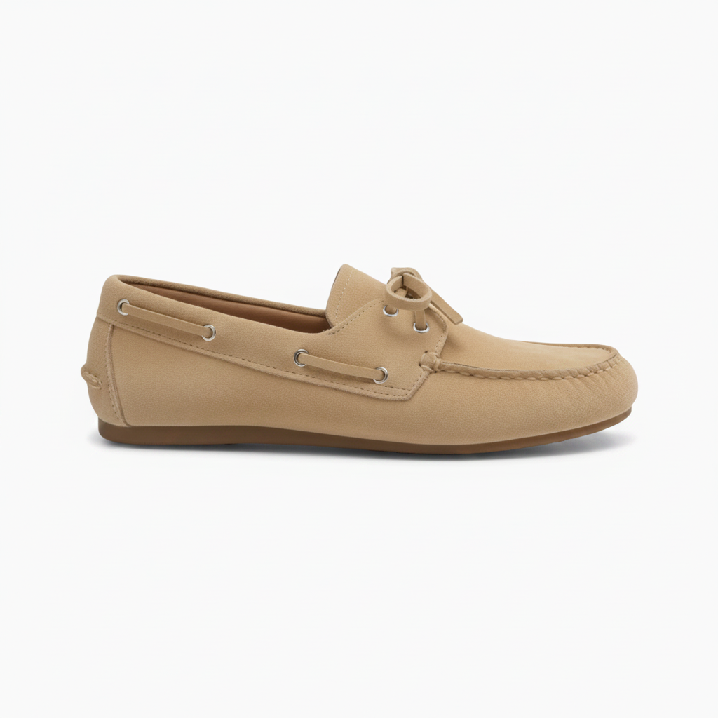 Vue latérale d'un mocassin en daim beige clair, soulignant la finesse des lacets décoratifs.
