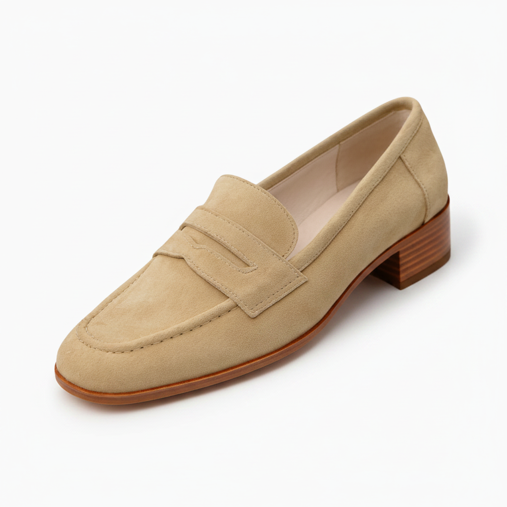 Mocassins en daim beige pour femme, élégants avec talon, posés sur un sol clair.