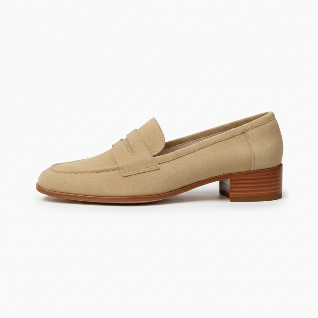 Gros plan sur la texture veloutée du daim beige des mocassins, offrant un confort raffiné.
