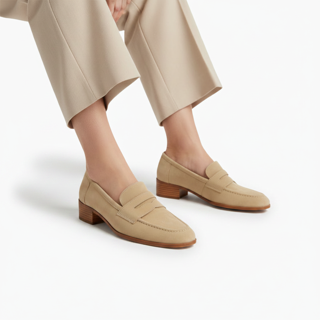 Paire de mocassins beiges vus du dessus, détaillant les surpiqûres fines et le design classique.