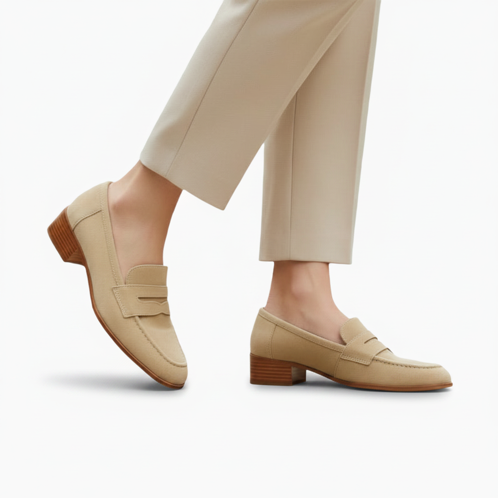 Vue latérale d'un mocassin en daim beige, mettant en valeur son talon bloc stable et élégant.