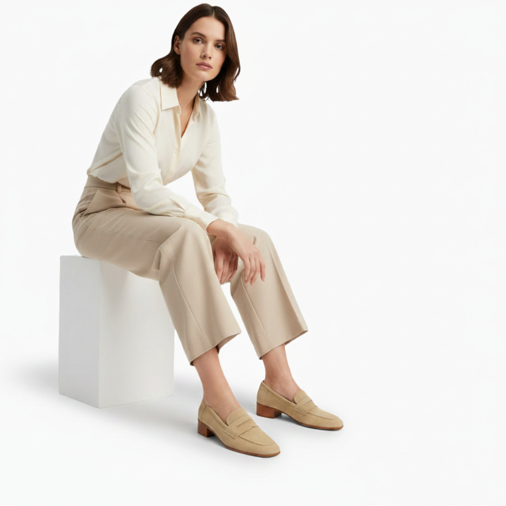 Mocassins beiges à talon, complétant une tenue de bureau chic avec un pantalon tailleur foncé.