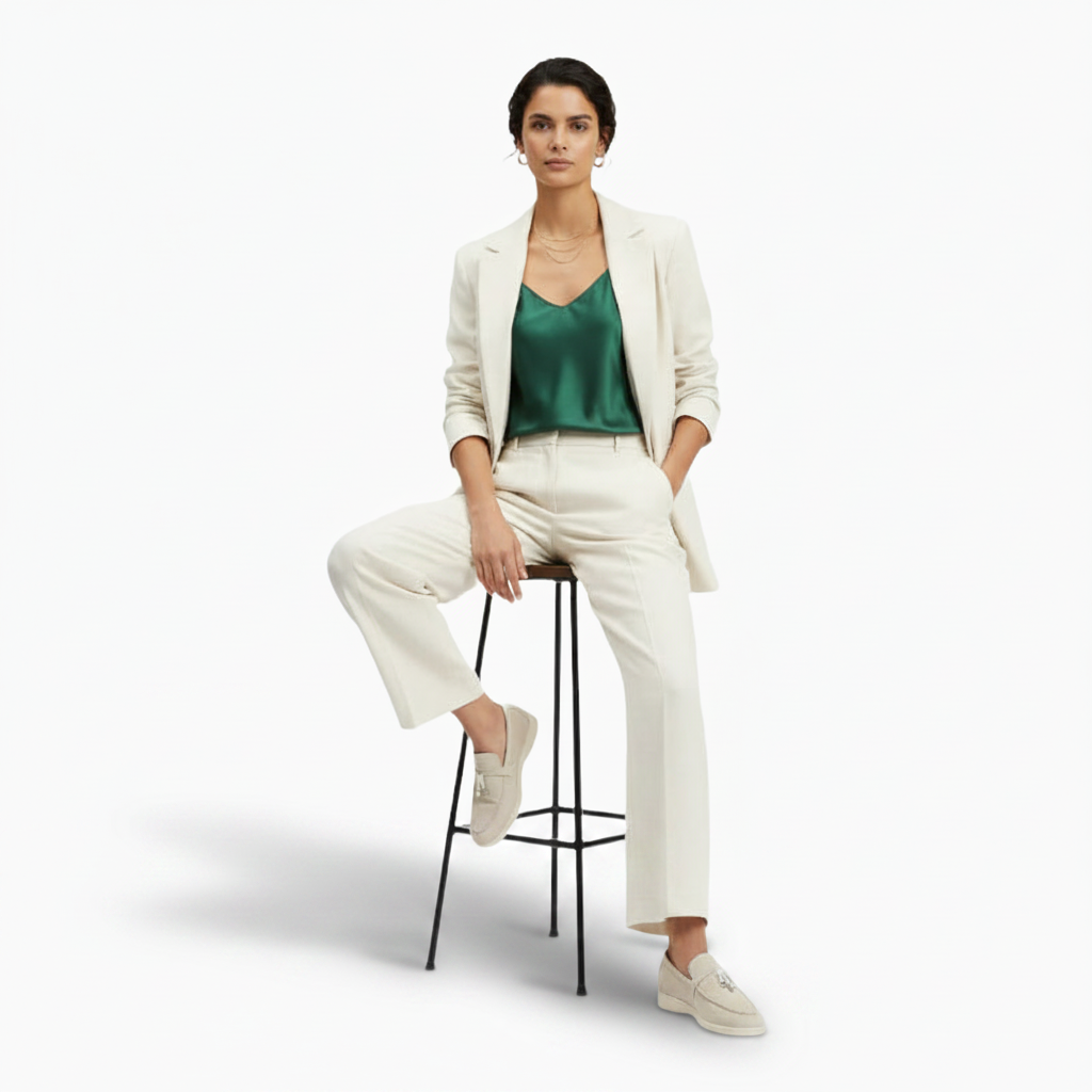Chaussure en daim beige au pied d'une femme, en mouvement, offrant aisance et style à chaque pas.