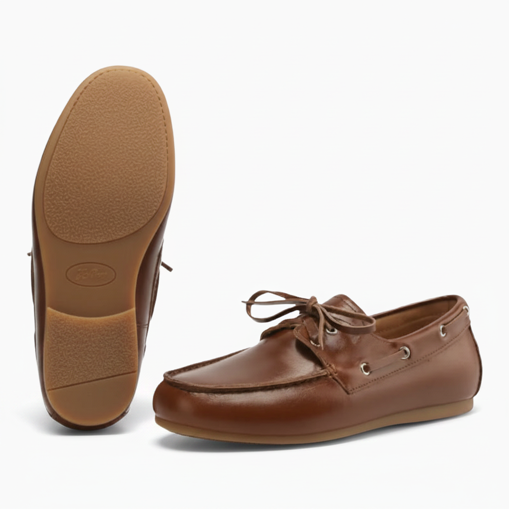 Mocassins marron portés avec un jean et un pull léger, parfaits pour un look décontracté chic et confortable.