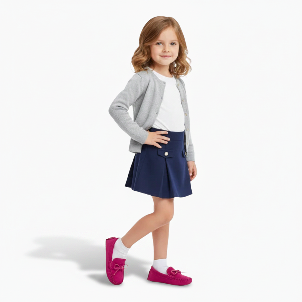 Paire de mocassins en daim rose vif, parfaits pour compléter une tenue enfantine avec style.