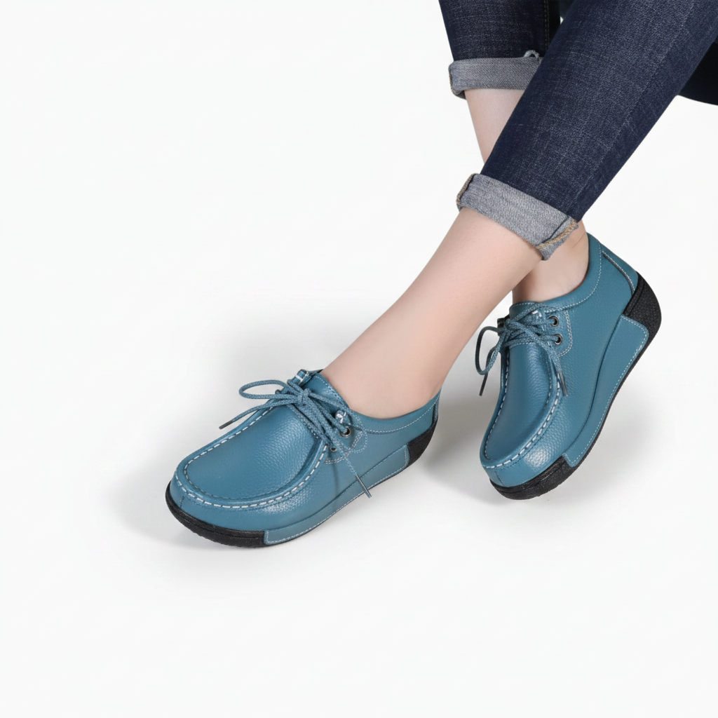 Gros plan sur la texture souple du cuir bleu turquoise, illustrant la qualité premium du mocassin femme.