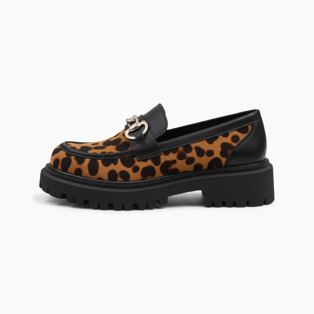 Profil du mocassin compensé, soulignant la hauteur confortable et la stabilité de sa semelle.